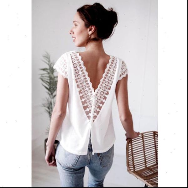 

women boho summer loose chiffon causal short sleeve lace blouse ladies v neck solid white blouses backless haut femme