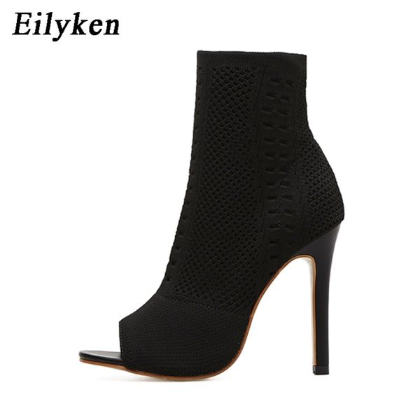 Eilyken Frühling Herbst Design Frauen Stiefeletten Peep Toe Gestrickte Stretch Stoff Sexy Cut-out Dünne High Heels Schuhe Frau 210911