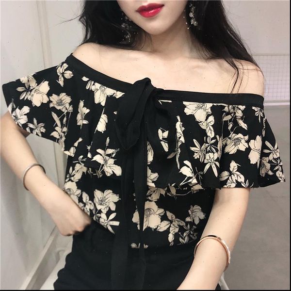 

2021 summer floral off shoulder halter chiffon blouse slash neck floral print blouses female blouse women, White