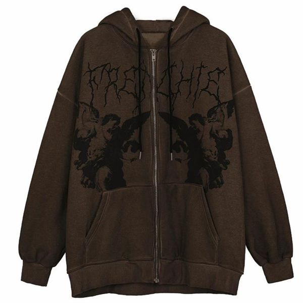 

women's hoodies & sweatshirts women y2k aesthetic angel printed men autumn winter vintage hip-hop streetwear jackets female coat 2021, Black