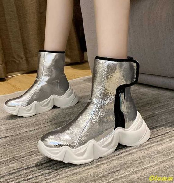

boots snow 2021 women's shoes winter thick sole plaform ankle thicken plush warm cotton sizd zip silver, Black