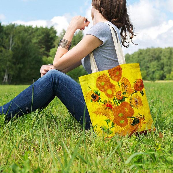 

storage bags shopper bag foldable oil pattern art painting canvas tote organizer large capacity women girls shoulder