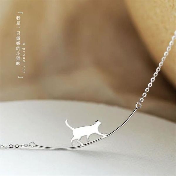 

new fashion cat curved simple personality 925 sterling silver jewelry cute animal walking cat clavicle chain necklaces xl090