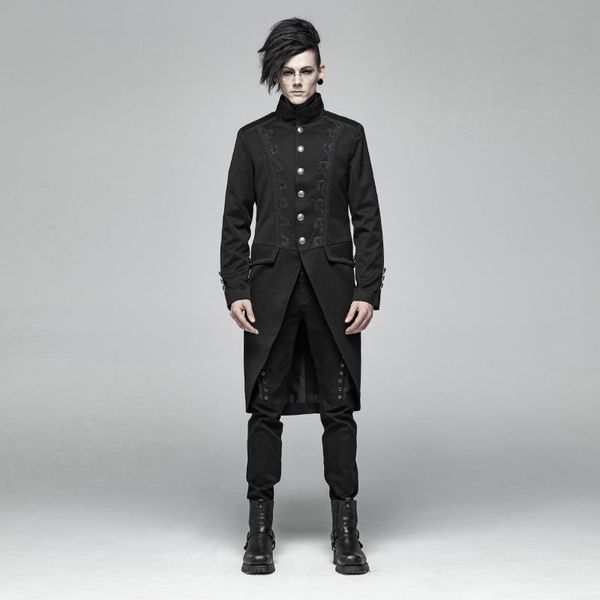 

men's trench coats punk rave gothic mid-length coat vintage cashew lace woven open fork gentleman evening party long sleeve jacket, Tan;black