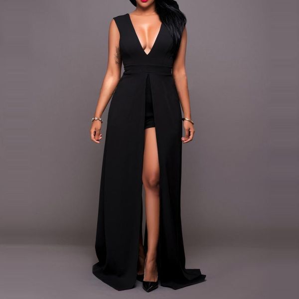 

40# evening party dress women's fashion solid color v-neck sleeveless open back split dress temperament long, Black;gray