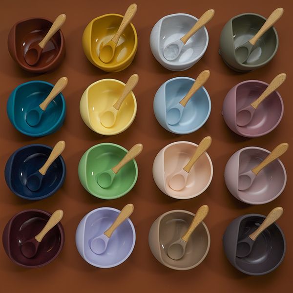 

22colors1set silicone baby feeding bowl set baby learning dishes suction bowlÂ set wood spoon non-slip