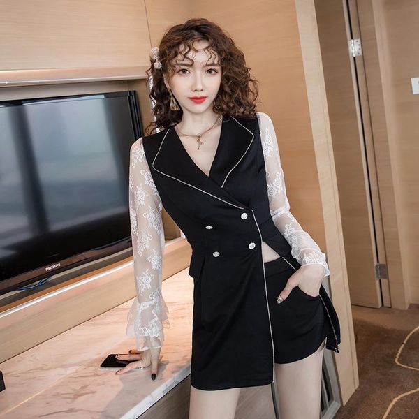 

two piece dress s-xxl large size 2021 ladies lace patchwork black blouse and slim shorts set women year autumn winter 2, White