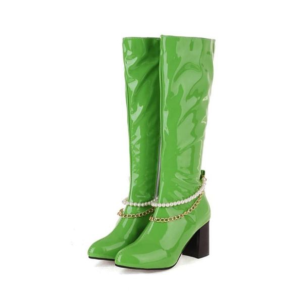 

boots pxelena 5 candy color string beads metal chain cosplay riding knight knee high women patent leather block heel shoes green, Black