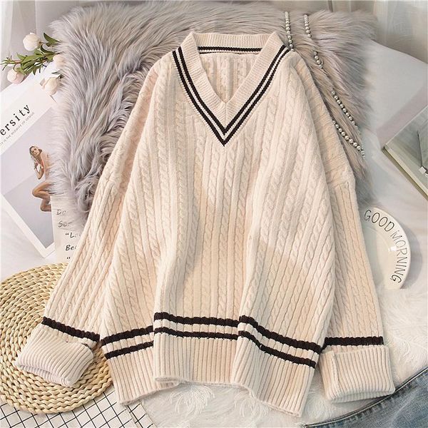 

women's sweaters ebaihui sweater women twist v-neck pullover preppy style loose jumper knitted school jk uniform long sleeve sweet knit, White;black