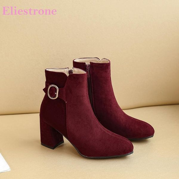 

boots 2021 winter fashion wine red black women ankle riding high square heels lady nude shoes big small size 11 30 43 46