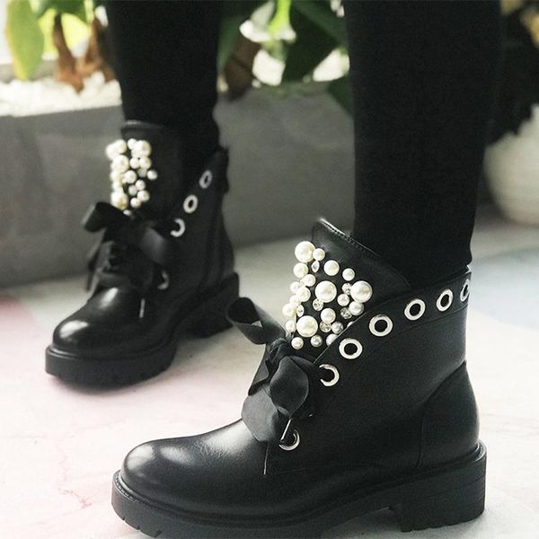 

boots women ankle 2021 ladies lace up leather autumn winter platform flat plush motorcycle punk pearl zip rivet short shoes, Black