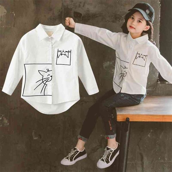 Camisa de manga comprida para crianças meninas bonitos gato branco top algodão primavera crianças roupas adolescentes blusa 3-12yrs 210622