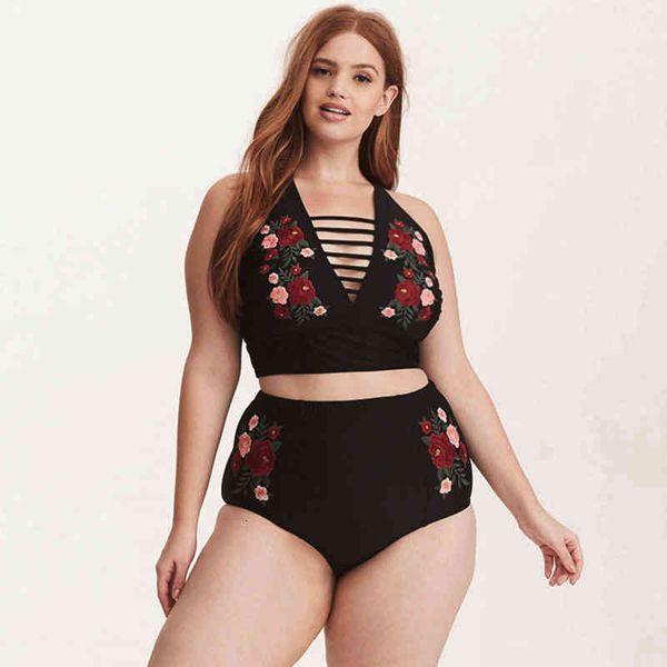

embroidery print female swimsuit push up women bikini big breast high waist beachwear bathing suit biquini plus size 5xl, White;black