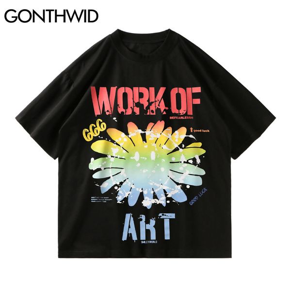

gonthwid tees shirts graffiti flower casual cotton tshirts hip hop punk rock gothic t-shirts men fashion short sleeve loose c0315, White;black