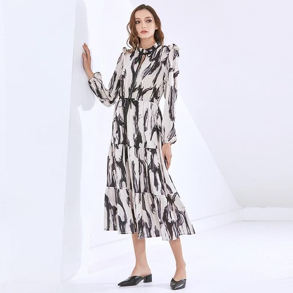 

casual dresses vintage for women o neck lantern long sleeve hit color high waist female elegant dress fall clothing, Black;gray