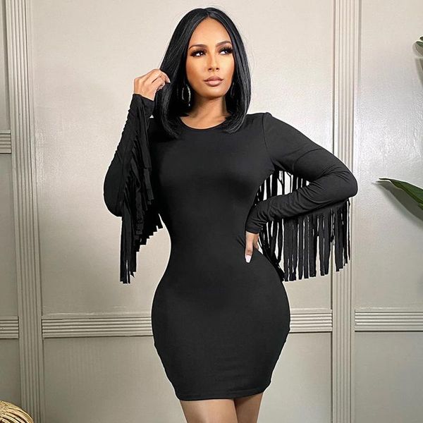 

casual dresses women bodycon vintage black dress autumn slim o neck fashion female elegant tassel long sleeve party club clothes, Black;gray