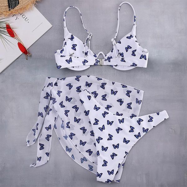 

women's swimwear women three-pieces butterfly bikini underwire set femme bather bathing suit swim sweamwear female 2021 summer swimsuit, White;black