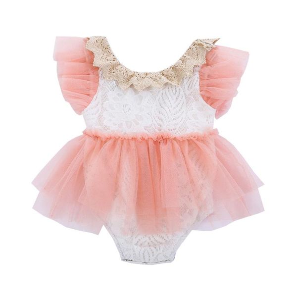 

rompers 2021 summer 0-24m baby girl mesh flared short sleeve ruffled lace round neck tutu dress-style bodysuit toddler party clothes, Blue