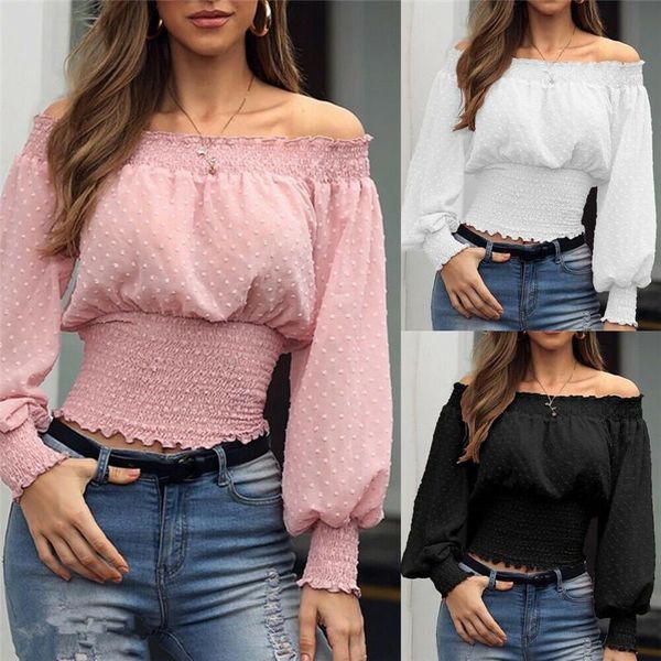 

women's blouses & shirts women casual long sleeve chiffon shirt off shoulder summer blouse, White