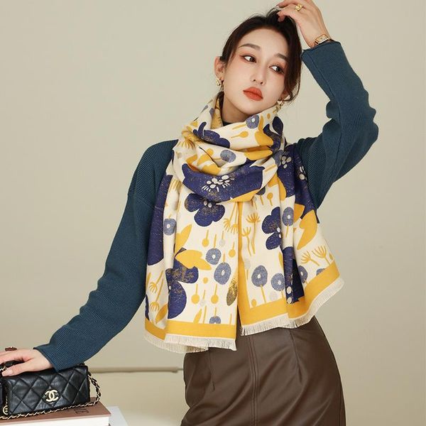 

scarves thick warm blanket winter scarf women cashmere pashmina shawls design luxury striped print bufanda hijab wraps lady shawl 2021, Blue;gray