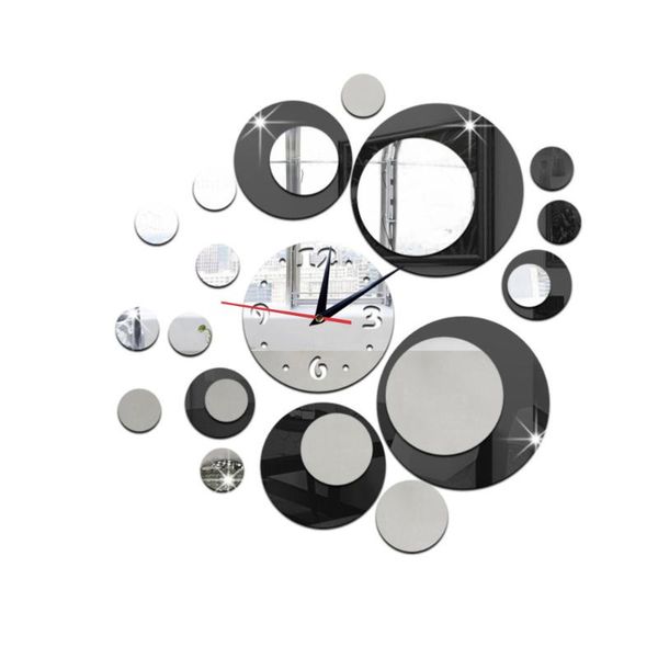 

black and silver circle 3d crystal mirror wall clock acrylic mirror wall sticker clock home decor