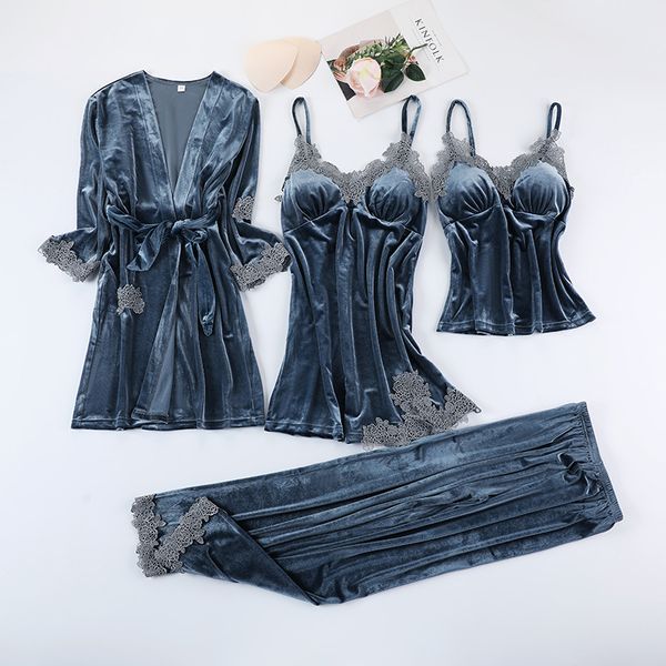 

fashion warm winter pajamas sets women lace trim pyjama sleepwear robe sling pants nightdress velvet 4 pieces suit, Black;red