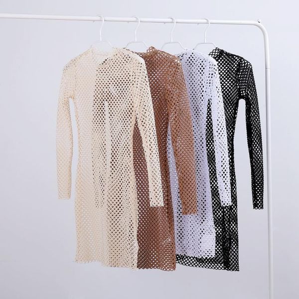 

european summer new mesh hollow stretch slim bottomed long sleeve mid-length bag hip t-shirts women fashion streetwear, White