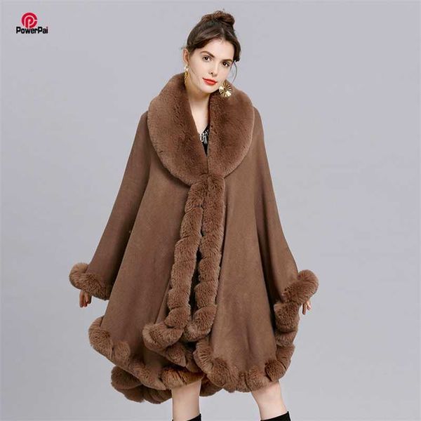 Elegante cappotto di pelliccia di coniglio Rex con risvolto a V Mantello invernale da donna Grande scialle lungo Completo di pelliccia sintetica Mantello di cashmere Cappotto Parka 210927