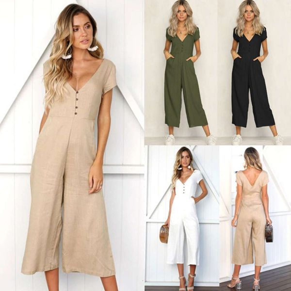 

fashion v-neck button open back short sleeve jumpsuit for women, Black;white