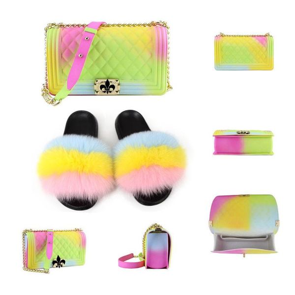 

slippers women's bag set plush fur plus color summer shoes perfect match, Black