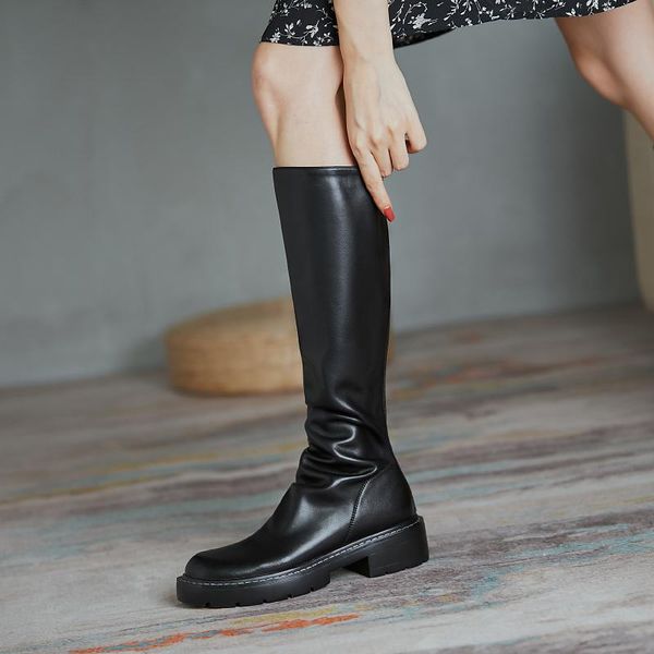 

boots mezereon split leather thigh high back zippers riding equestrian round toe med heel fashion winter, Black