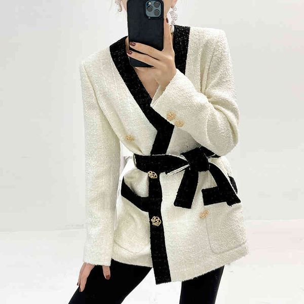 

women's jackets twotwinstyle colorblock casual lace up coats for females v neck long sleeve patchwork coat autumn clothing stylish 8p0d, Black;brown