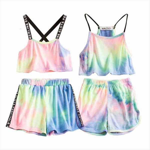 

kids girls tie-dye outfit summer sling backless spaghetti straps tank elastic waist short pants sport style clothes sets, White