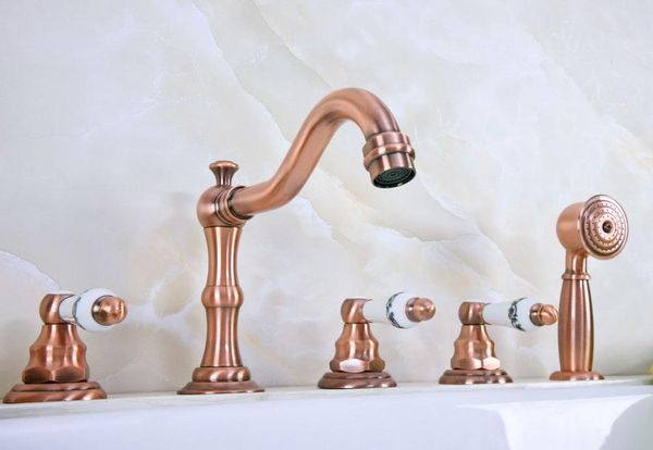 Torneiras de pia do banheiro Antique Red Copper Brawn Deck 5 Furos Banheira Misturador Torneira Handheld Shower Waterspread Set Basin Tap Torneira ATF225