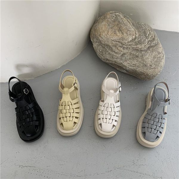 

sandals shoes 2021 summer breathable all-match female sandal girls comfort closed low beige fretwork casual fabric rubber buckle str, Black