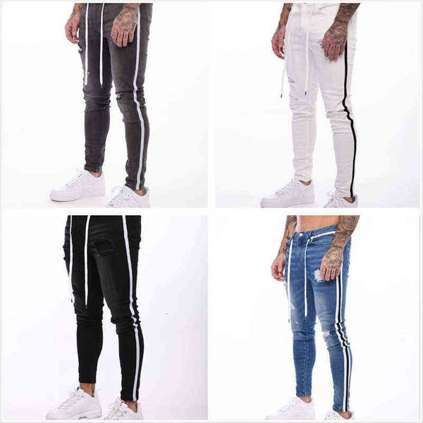 

men's jeans 2021 four color slim hole leggings youth casual tethered jeans men's pants, Blue
