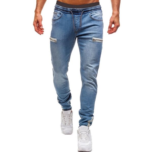 Calça masculina elástica com punho casual jeans com cordão para treino jogger atlético moletom fashion com zíper 211108