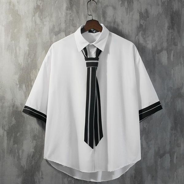 

men's casual shirts tie draped white shirt short-sleeved loose half-sleeved youth class clothes college style jacket summer, White;black