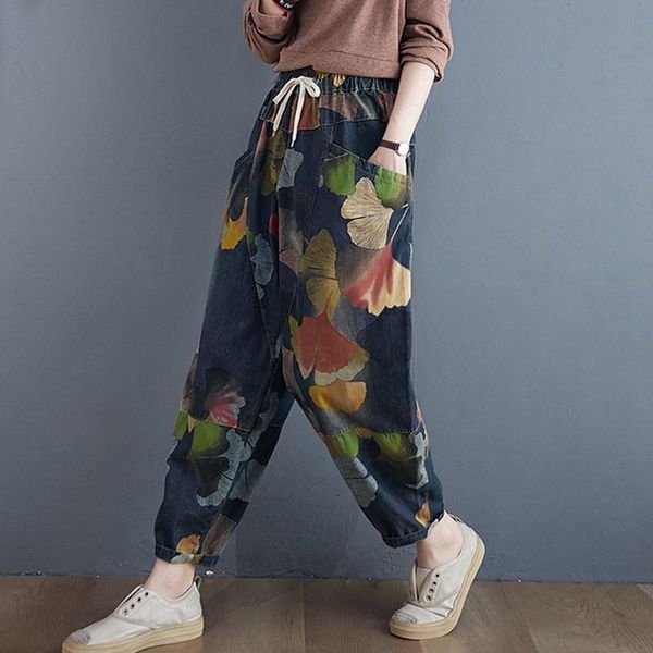 

women's jeans women high waist arrival 2021 autumn streetwear vintage floral print loose female casual denim harem pants, Blue