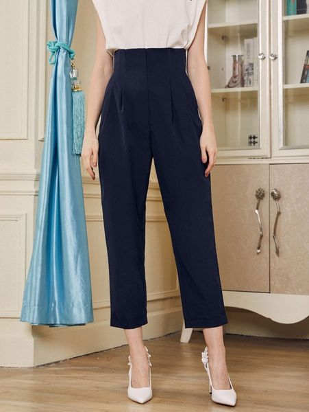 

high waist fold pleat cropped pants c2h2#, Black;white