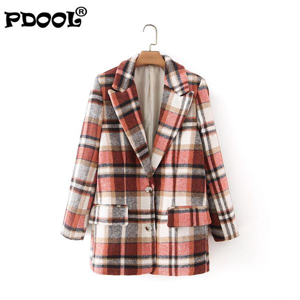 

women's suits & blazers women 2021 fashion single breasted check woolen blazer coat vintage long sleeve pockets female outerwear chic, White;black