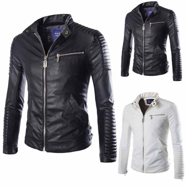 

men's jackets 2021 black white pleats jacket splicing zipper stand collar imitation leather coat winter men chaquetas hombre, Black;brown