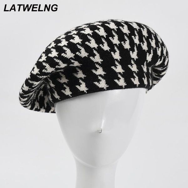 

berets 2021 houndstooth beret for women retro knitted fashion plaid flat caps ladies winter warm hat mushroom hats wholesale, Blue;gray