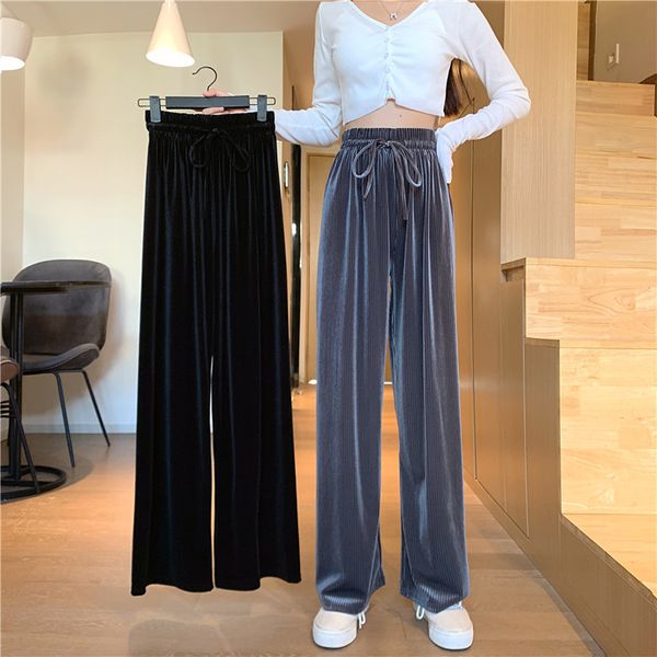 

high-waist autumn straight-leg flabby casual drape scrubbing velvet long women's spring pants h3yj, Black;white