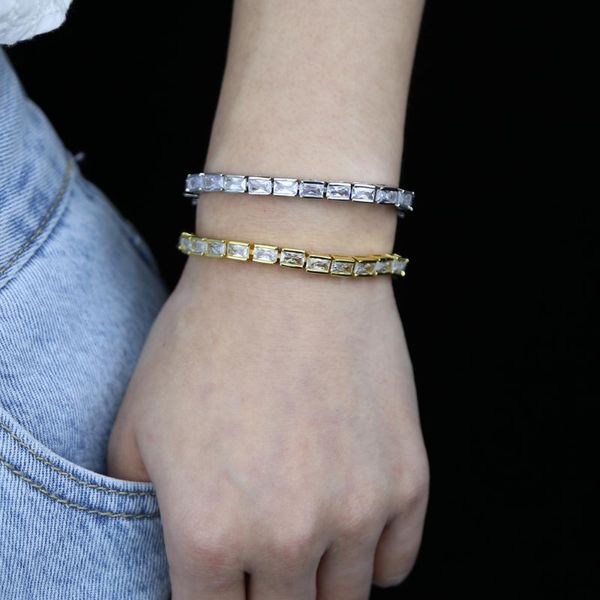 

link, chain fashion punk styles bracelet with square cz paved gold silver color tennis bangle for women girl hip hop jewelry, Black