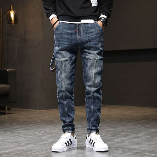 

autumn and winter new lace up jeans men's fashion brand ribbon tooling splicing leggings slim harlan leg pants, Blue