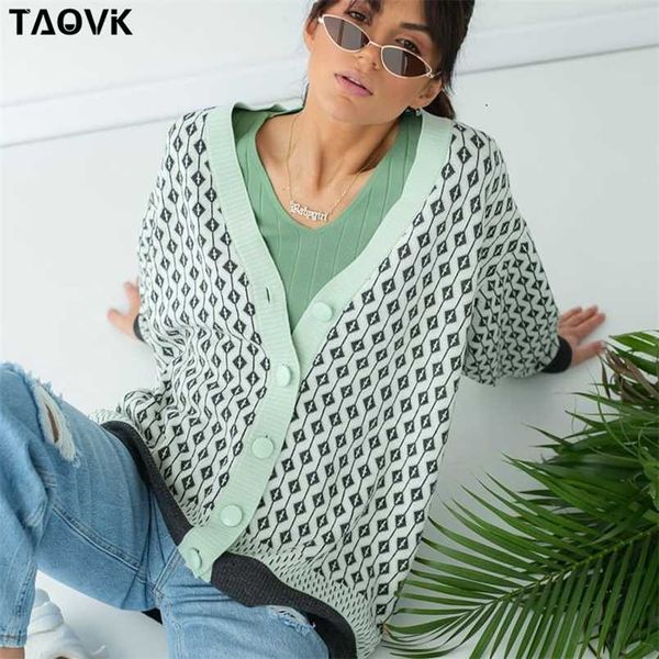 

taovk women knitted houndstooth cardigan v-neck lattice sweater female loose jumper single breasted buttons 211215, White;black
