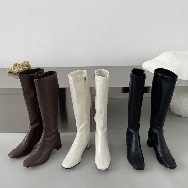 

boots shoes med heel luxury designer zipper boots-women fashion over-the-knee rubber 2021 ladies high flock square toe soli, Black