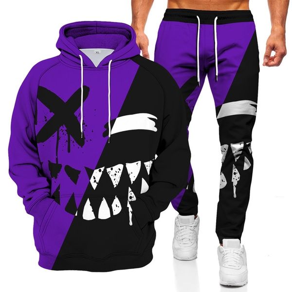 

men's loose casual sports pants fashion two piece round neck hooded color matching smile, Black