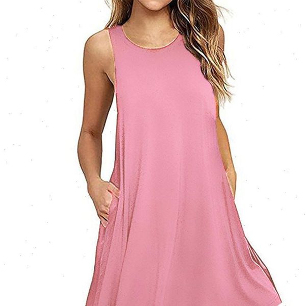 

women autumn dress fashion solid pink dress ladies casual clothing sleeveless sundress mini short loose green gray pocket dress, Black;gray